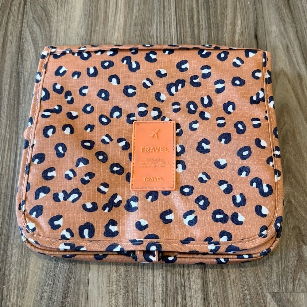 Leopard Print Travel Organizer Pouch - Rust/Cream/Black
